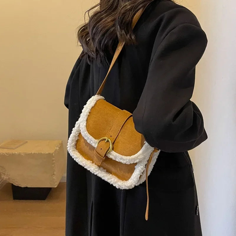 Women's Shoulder Bag Suede and Faux Fur Patchwork Retro Lock Crossbody Bag Small Flap Handbag Brand Designer Tote Bags Handbag