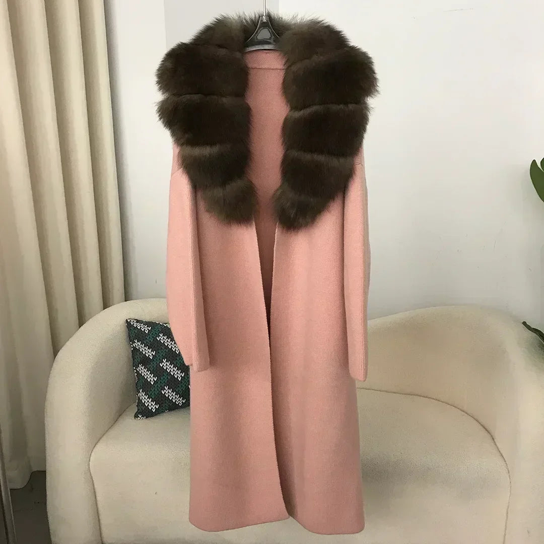 2024 Natural Fox Fur Collar Jacket Spring Autumn Real  Sweater Fur Coat Women Belt Long Loose Thick Warm Outerwear Knitting Coat