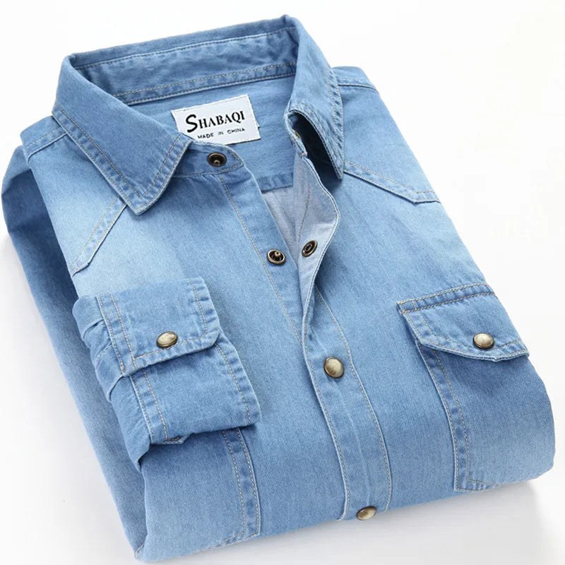 SHAN BAO classic brand double pocket button 100% cotton denim shirt 2022 spring high quality men's slim long-sleeved shirt