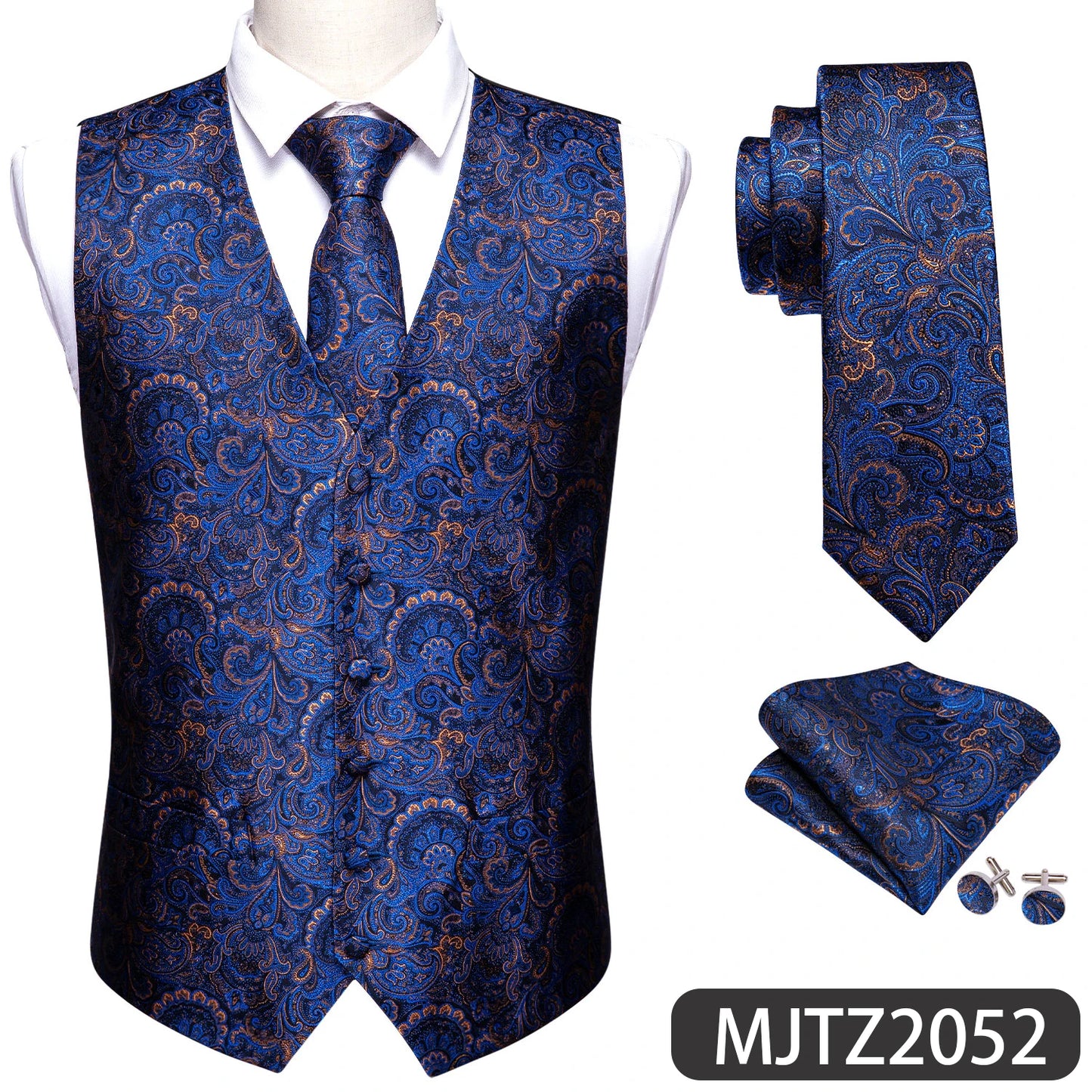 Sky Navy Royal Teal Blue Silk Men Vest Tie Hanky Cufflink Set Woven Waistcoat Sleeveless Jacket Male Wedding Business Barry.Wang