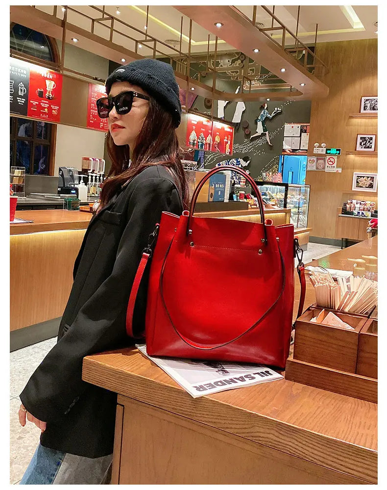 100% Genuine Leather Women Tote Bag Large Capacity High Quality Cowhide Women's Shoulder Bags Wrinkled Opening Fashion Handbag