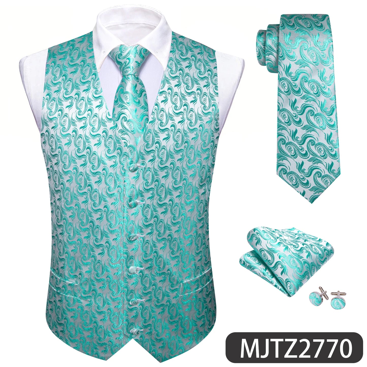 Sky Navy Royal Teal Blue Silk Men Vest Tie Hanky Cufflink Set Woven Waistcoat Sleeveless Jacket Male Wedding Business Barry.Wang