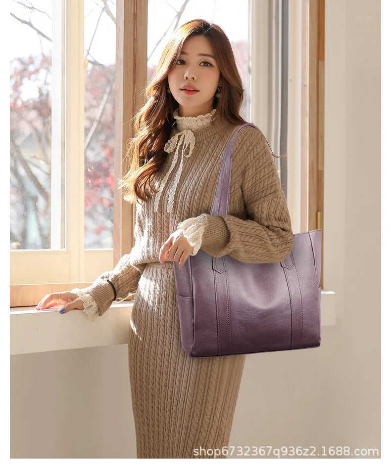 TRAVEASY 2024 Casual PU Leather Large Capacity Tote Bags for Women Fashion Solid Color Zipper Female Shoulder Bag Ladies Handbag