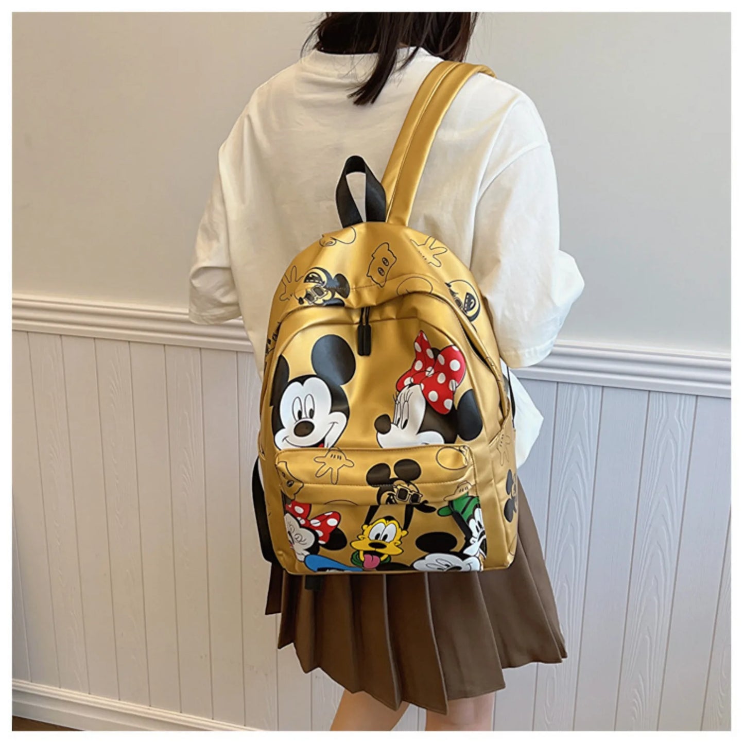 New Disney Mickey PU Leather Backpack Classic Cartoon Laptop Bag Minnie Mouse Large Capacity School Bag Women Fashion Tote Bag