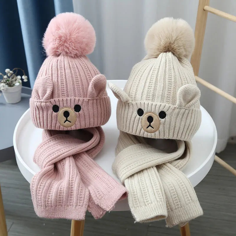 Children Hat and Scarf Set Baby Knitted Hat with Velvet for Warmth Winter Hats for Girl Cute Baby Caps for Boys Шапка Детская