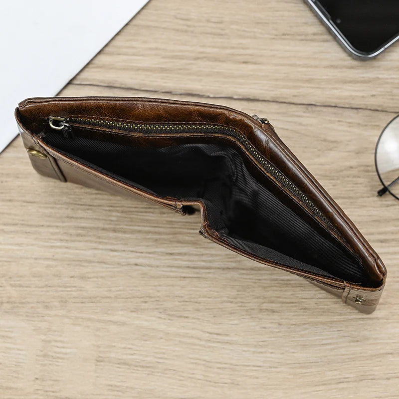 Leather Men‘s Short Wallet Hasp Genuine Leather Unisex Zipper Coin Clutch Purse Cowhide Card Holder Trifold Man wallets