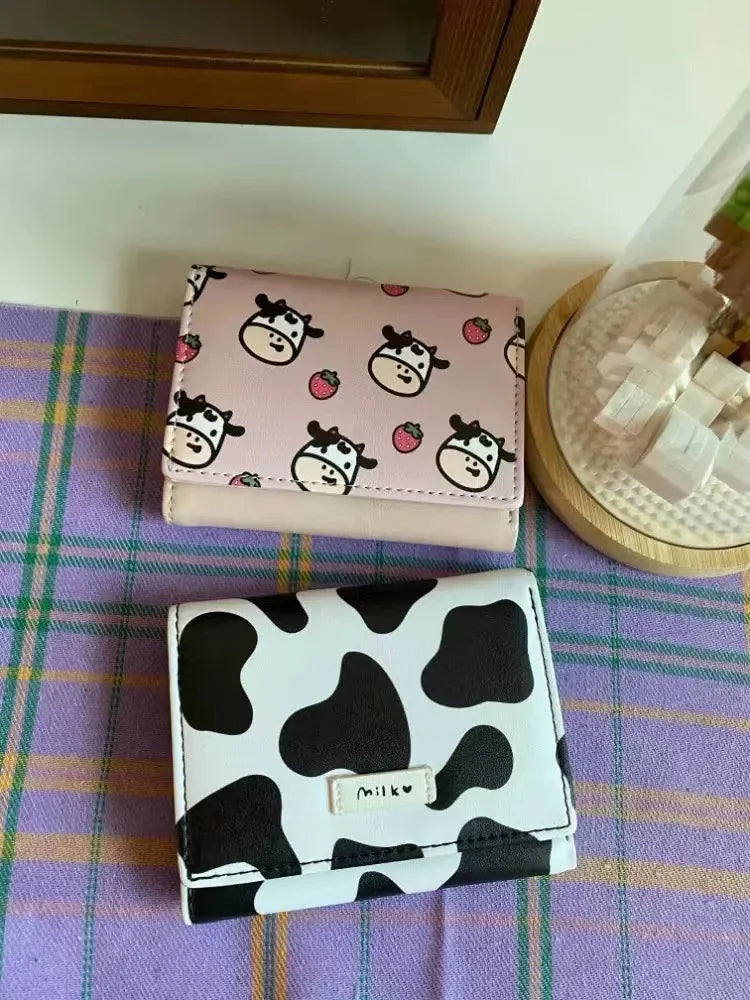 Women New Fashion Wallet Pu Leather Cartoon Cow Cattle Short Ladies Multi-card Slot Coin Purses Student Cute Triple Fold Wallet