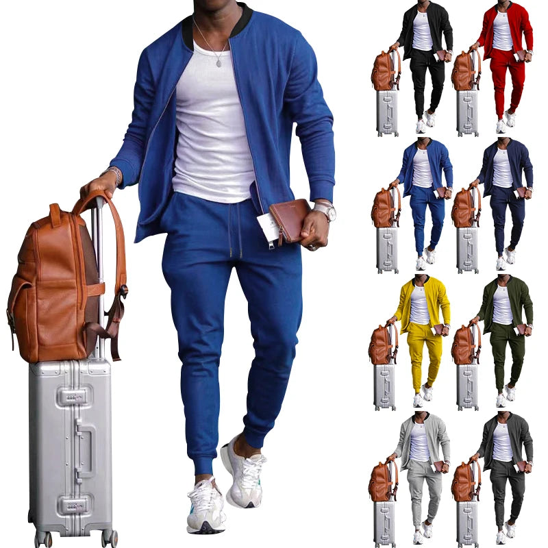 Ensemble de vêtements pour hommes printemps et automne, nouvelle collection de loisirs sportifs, couleur unie, col montant, veste zippée et pantalon, deux pièces