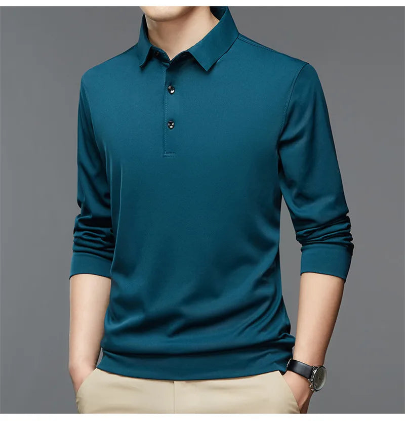 Fashion Men New Business Solid Polo Shirts Spring Autumn Thin Long Sleeve Button Lapel Male Clothing Loose Casual T-Shirt Tops