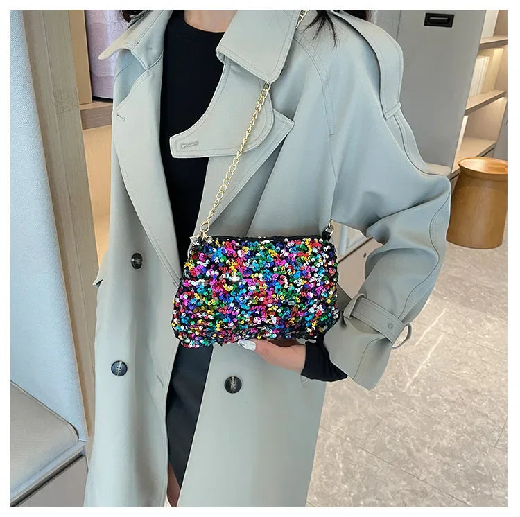 Sequins Crossbody Chain Bag Simple INS Solid Color Sequins Shoulder Bag Underarm Bag Phone Purse Evening Clutch Bags Handbag