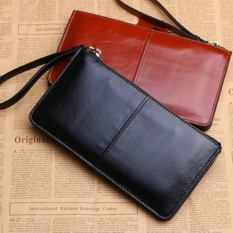 Women's Vintage Oil Wax Leather Zipper Clutch Wallet Female Large Capacity Coin Purse Ladies Wristband Simple Card Holder Wallet