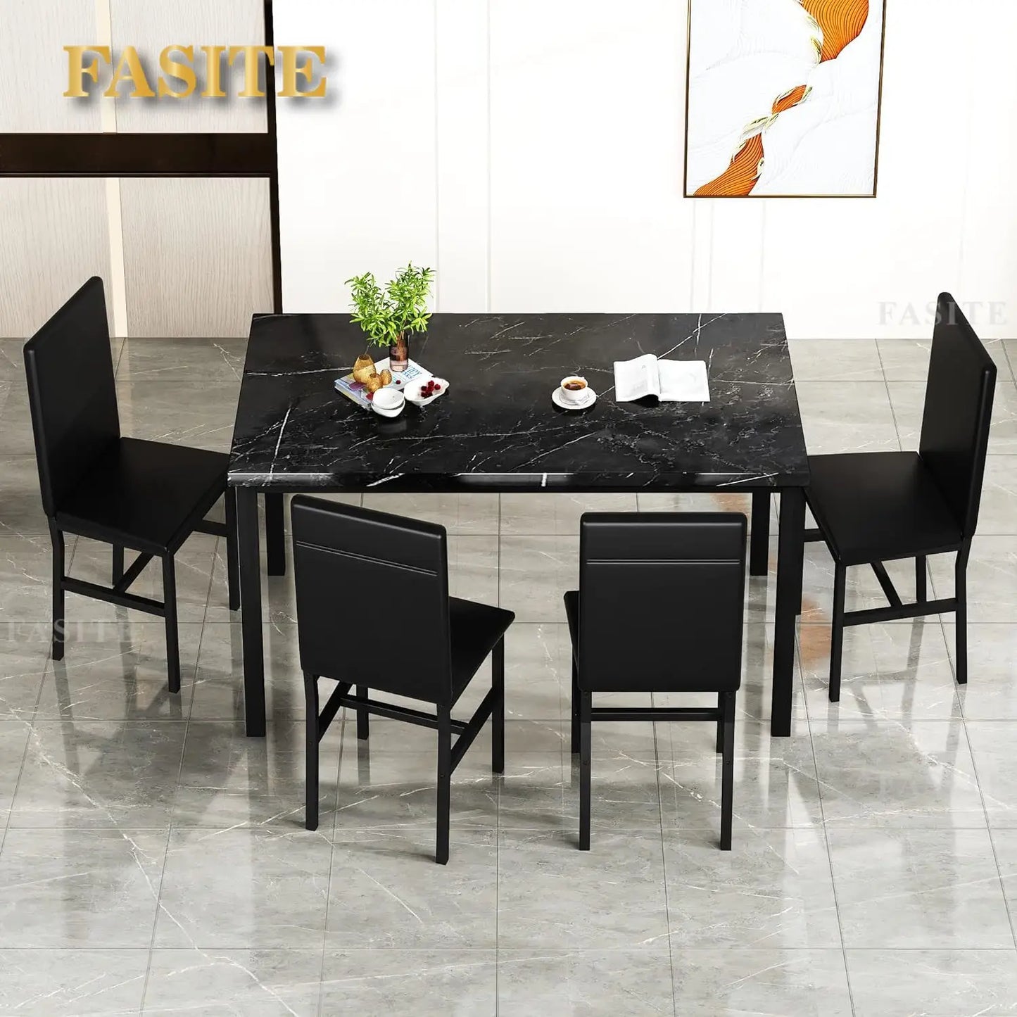 White Faux Marble Dining Table with 4 Upholstered Chairs, 5-Piece Dining Room Table Set for Small Space, Breakfast Table