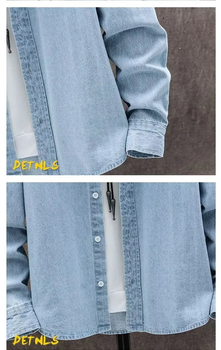 Japanese Style Solid Color Ultra-thin Long Sleeve Denim Shirt For Men Women Fashionable Trendy Simple Loose-fit Casual Jacket