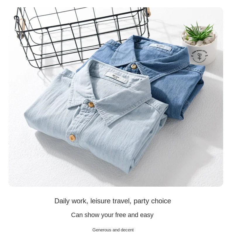 Light and Thin Summer Short-sleeved Denim Shirt for Men, Casual and Breathable, Sweat-wicking, Suitable for Daily Commuting.