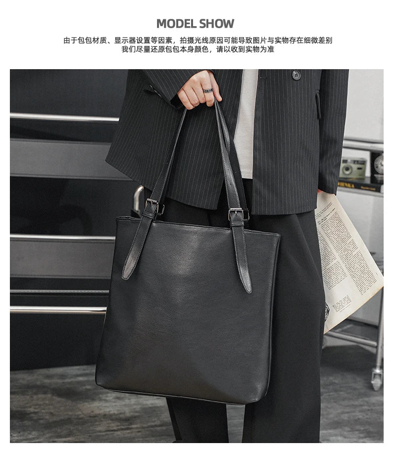 Soft Leather Tote Bag for Men Japanese Korea Style Business Casual Street Handbag Male Large Capacity Zipper Laptop Underam Bags