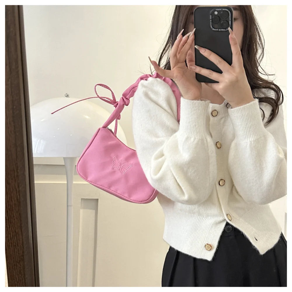 Embroidery Bowknot Butterfly Shoulder Bag Y2k-Style Ruffle Handle Nylon Bow Tote Bag Makeup Lipstick Bag Handbag New