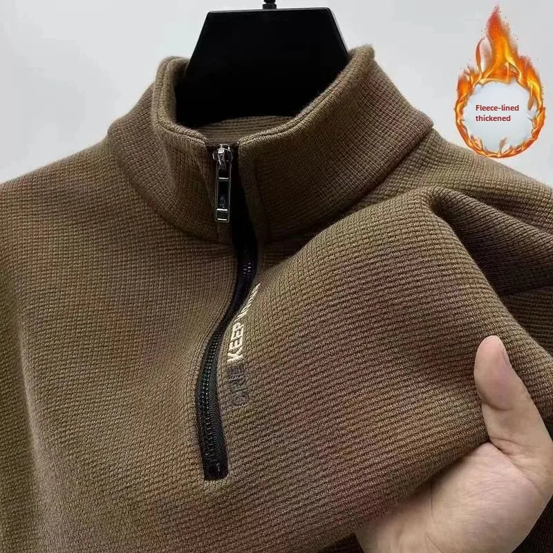 New Men's Fleece-lined Thickened Sweatshirt Half-zip Up Winter Warm Casual Long Sleeve Stand Collar Base Layer Top