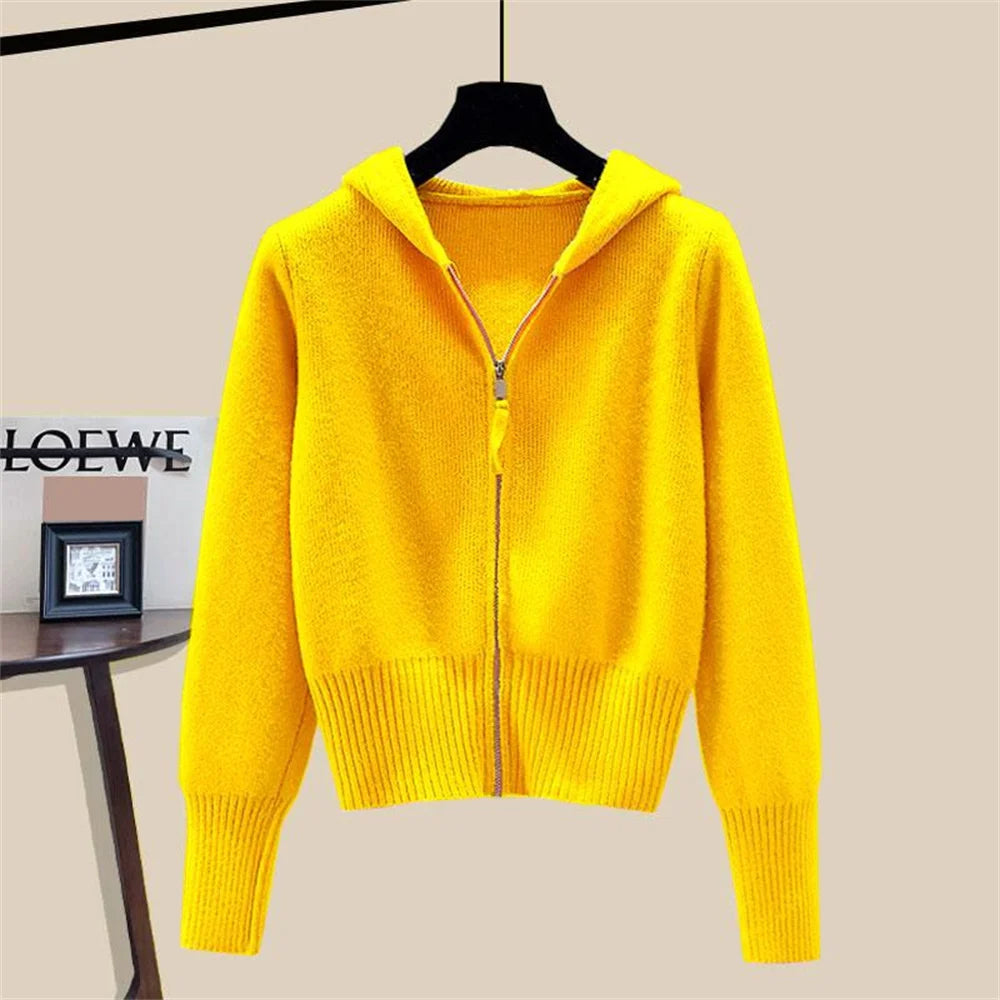 Autumn Winter Long Sleeved Double Zipper Soft Cardigan Sweater With Hat Design Top Spring Fashion Hooded Sweater Jacket Women