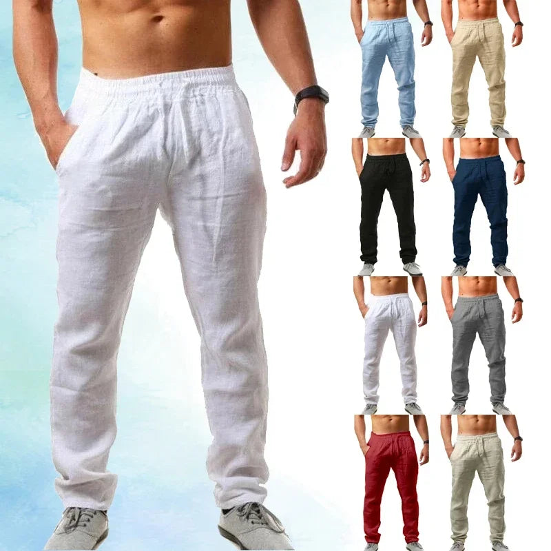 Pantalon de sport décontracté à la mode pour hommes, taille élastique, pantalon de couleur unie en coton et lin