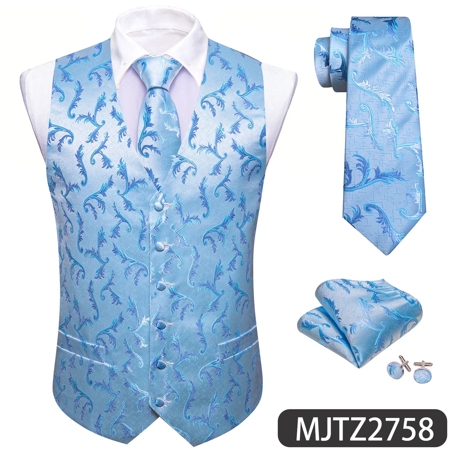 Sky Navy Royal Teal Blue Silk Men Vest Tie Hanky Cufflink Set Woven Waistcoat Sleeveless Jacket Male Wedding Business Barry.Wang