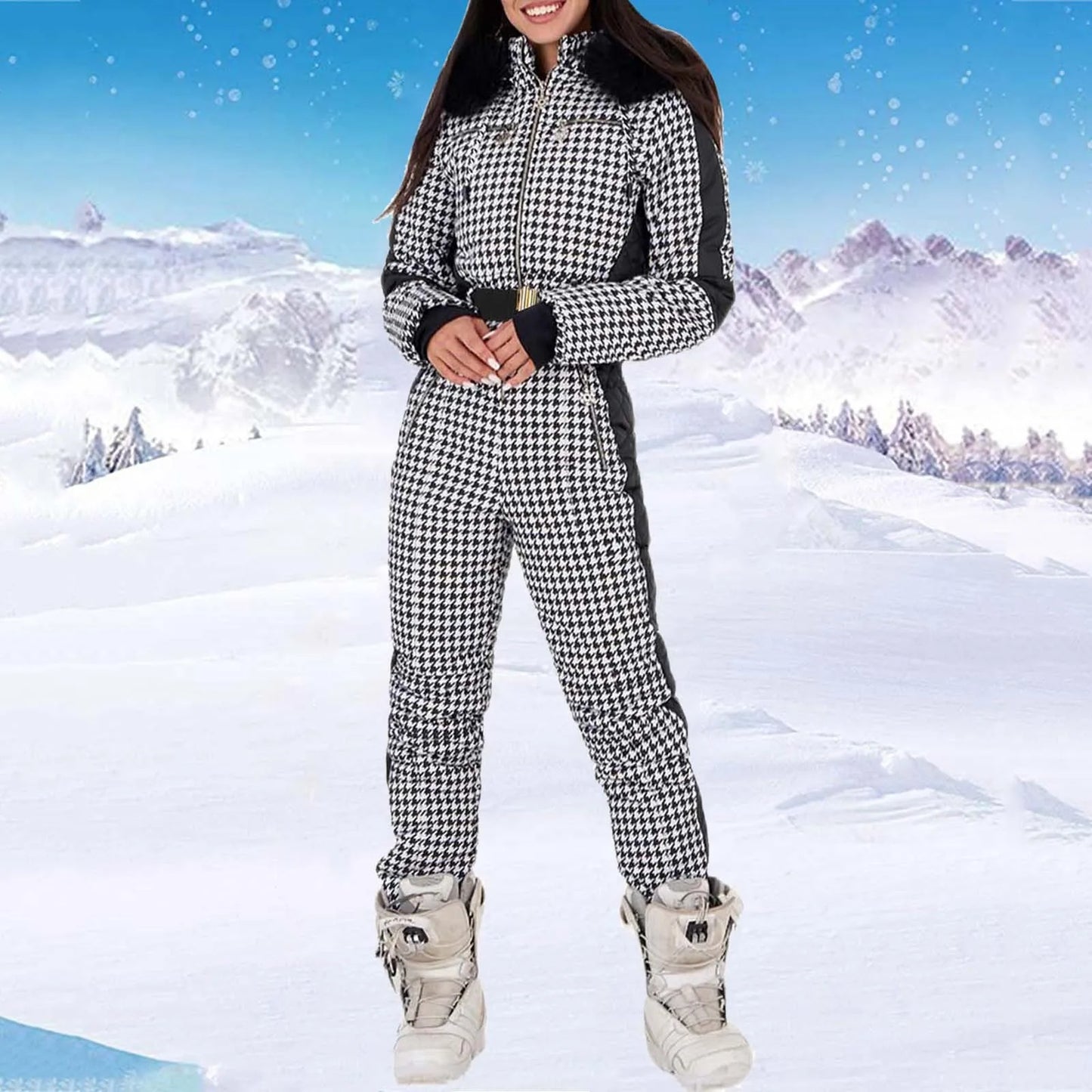 Womens Winter Ski Jumpsuits Outdoor Sports Waterproof Snowsuit Removable Faux Wool Collar Coat Keep Warm Down Jumpsuits Women