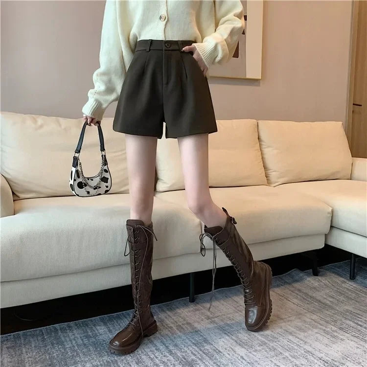 Black Woolen Shorts Women's Autumn/winter Outerwear Petite High-waisted Bell Bottoms 2023 New Slimming Base Boot Pants