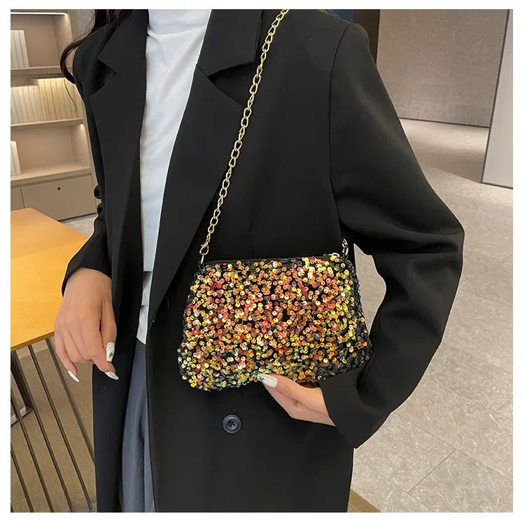 Sequins Crossbody Chain Bag Simple INS Solid Color Sequins Shoulder Bag Underarm Bag Phone Purse Evening Clutch Bags Handbag