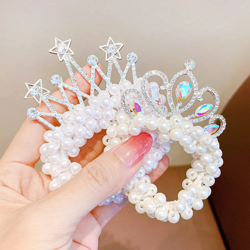 2PC Fashion Pearl Crown Princess Hair Bands Elastic Rubber Bands Children Ball Hair Bun Ties Hair Styling Accessories