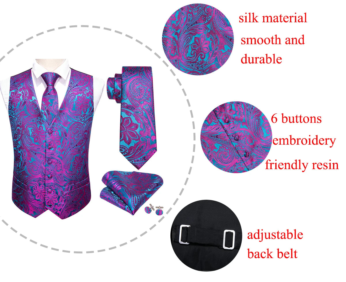 Luxury Vest for Men Silk Green Blue Silver Gray Gold Pink Embroidered Paisley Floral Male Waistocoat Tie Suit Formal Casual