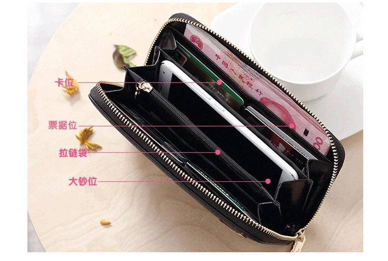 Women European and American Cats Cute Cartoon Embroidery Thread Ladies Zipper Long Wallet Clutch Bag Simple Fashion