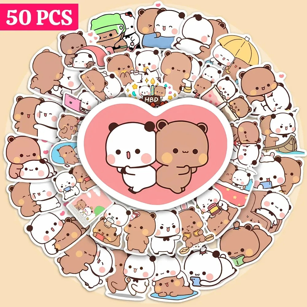 50sheets/set Bear Cute Bear and Panda Stickers Waterproof Panda Cartoon Bear and Panda Stickers Cartoon PVC Bubu Dudu Stickers