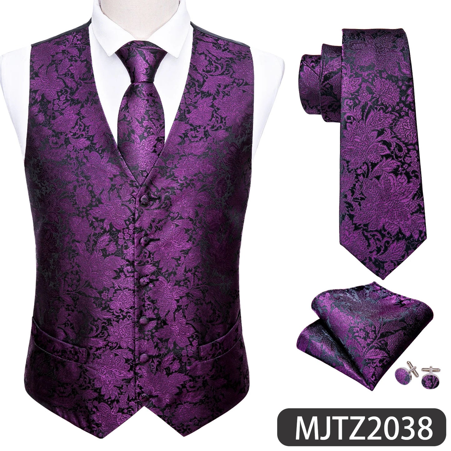 Lilac Purple Violet Lavender Silk Men Vest Tie Hanky Cufflinks Set Woven Waistcoat Sleeveless Jacket Wedding Business Barry.Wang