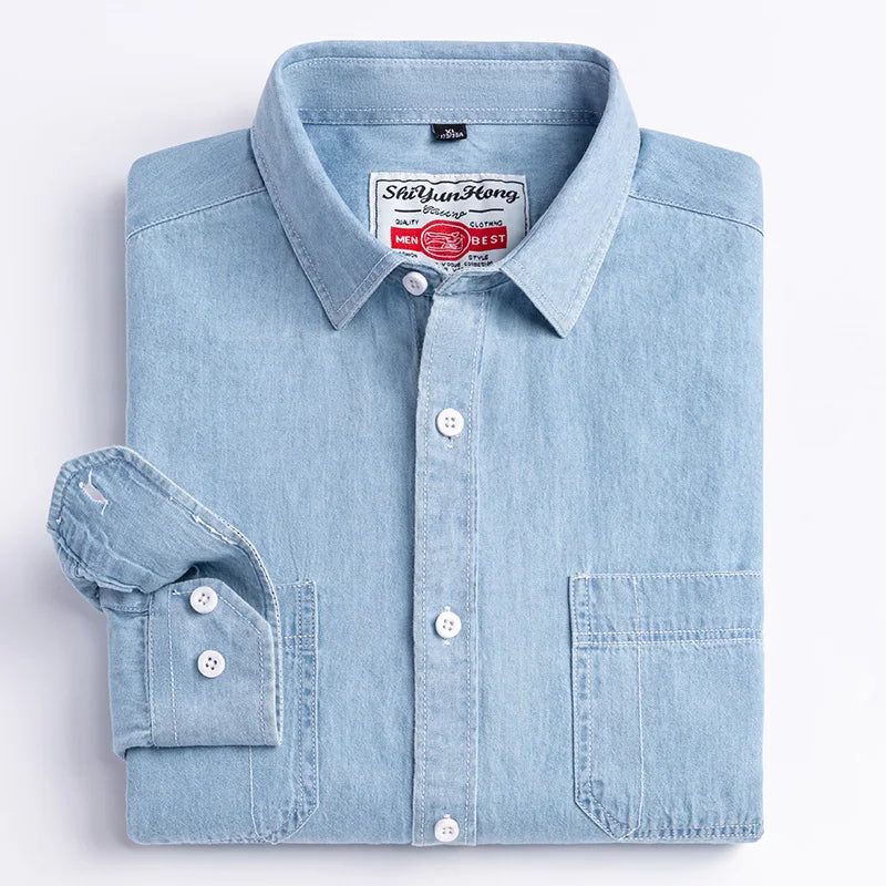 Chemise classique à manches longues en denim 2023, 100 % coton, avec poche, broderie, vêtements confortables