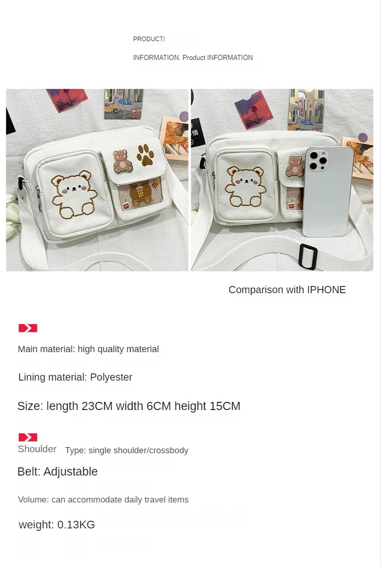 Canvas Small Bag Japanese ins Women Shoulder Bag Cute Funny Personality Embroidery Bear Girl Student Transparent Messenger Bag