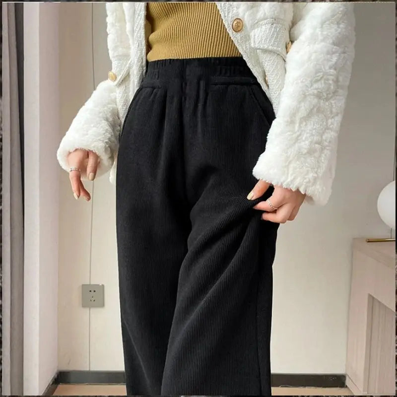 Winter Warm Thicken Lambswool Straight Pants Women Casual Elastic High Waist Fleece lined Wide Leg Pantalones Chic Baggy Pants