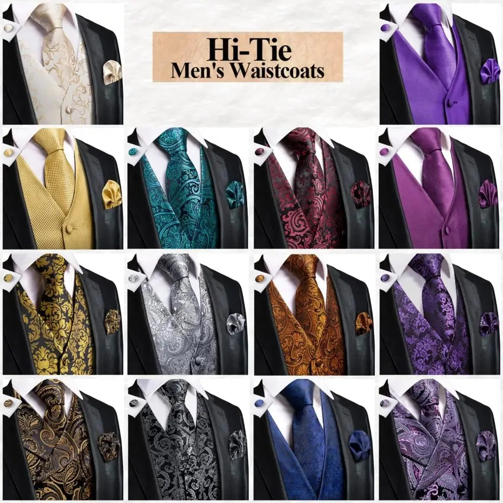 Hi-Tie 4PC Silk Men's Vest With Tie Hanky Cufflink Business Formal Dress Slim Sleeveless Jacket Burgundy Paisley Suit Waistcoat