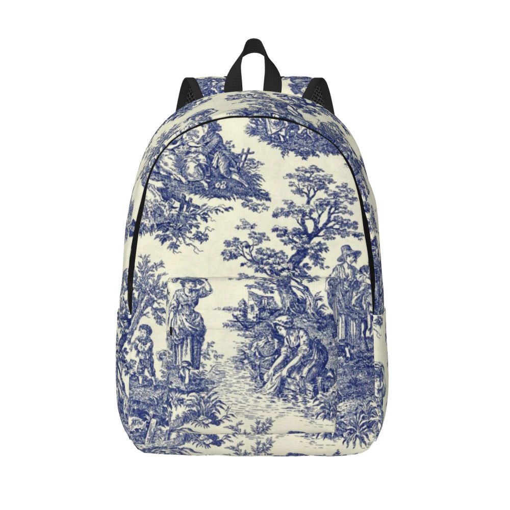 Personalized Navy Blue Toile De Jouy Canvas Backpacks Men Women Basic Bookbag for School College French Countryside Floral Bags