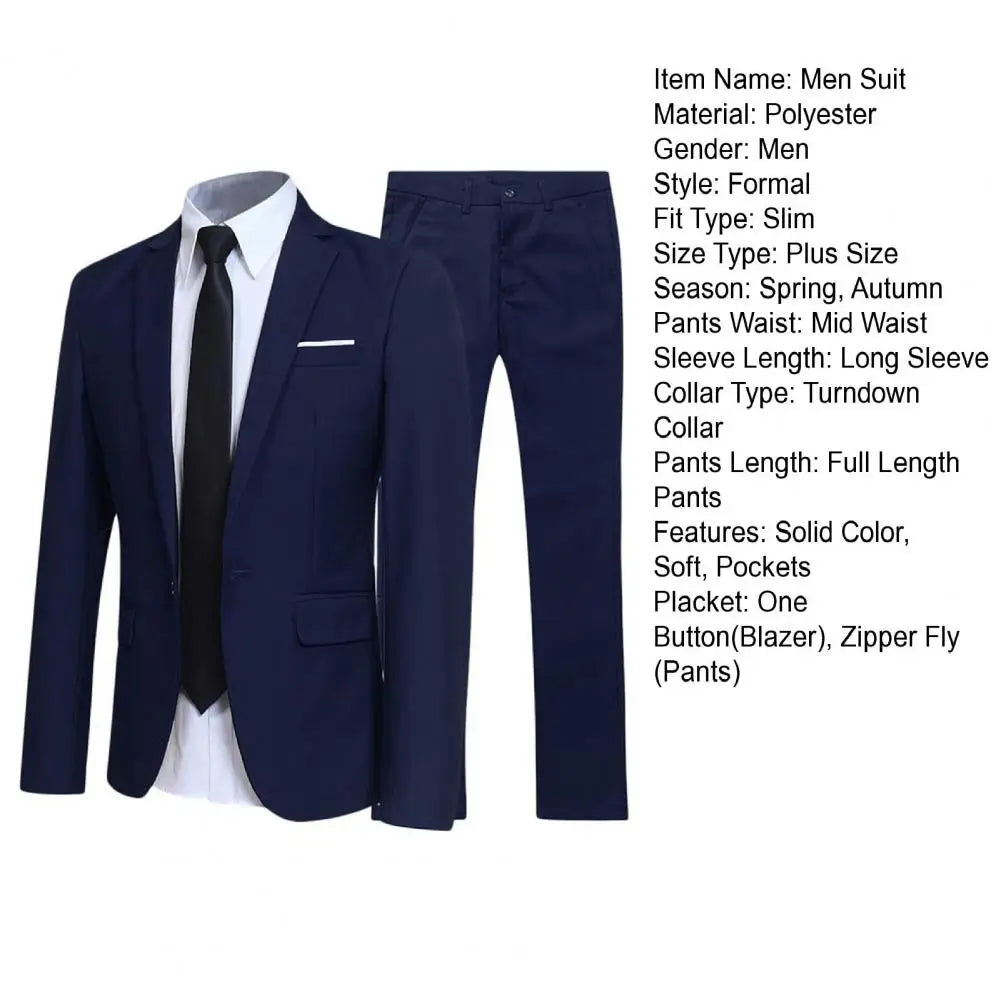 Men's Casual Boutique Business SuitSolid Color Turndown Collar Slim Fit Wedding Groom Suit Coat Blazers Trousers Suit Men's Sets