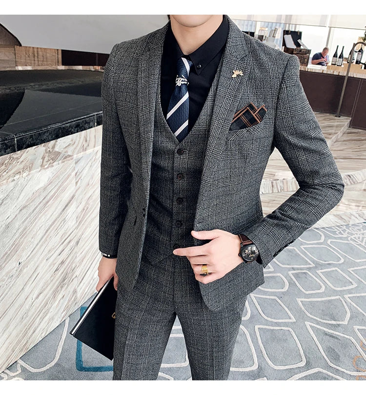 High Quality British Korean Modified Plaid Men (suit + Vest + Trousers) Stylish and Handsome Business Casual Three-piece Suit