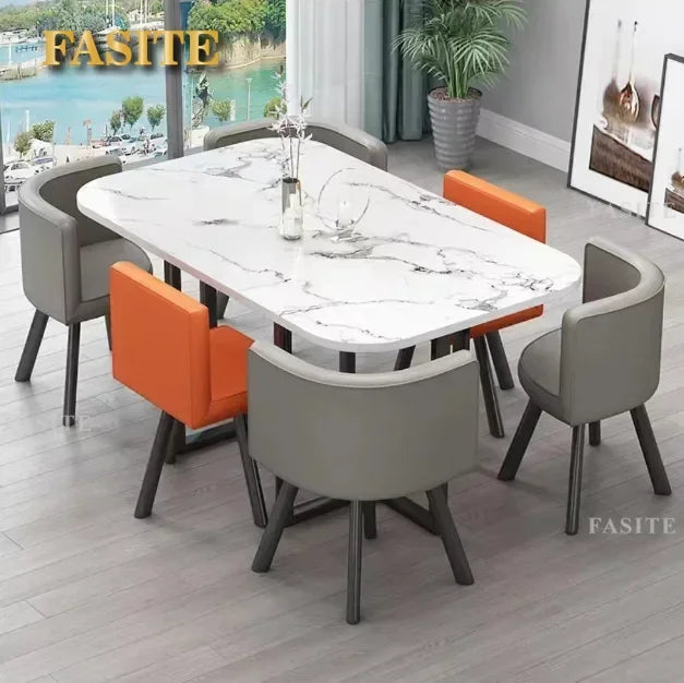 New 2024 Modern Marble Top White Classic Dining Table Living Room With 6 Chairs Set