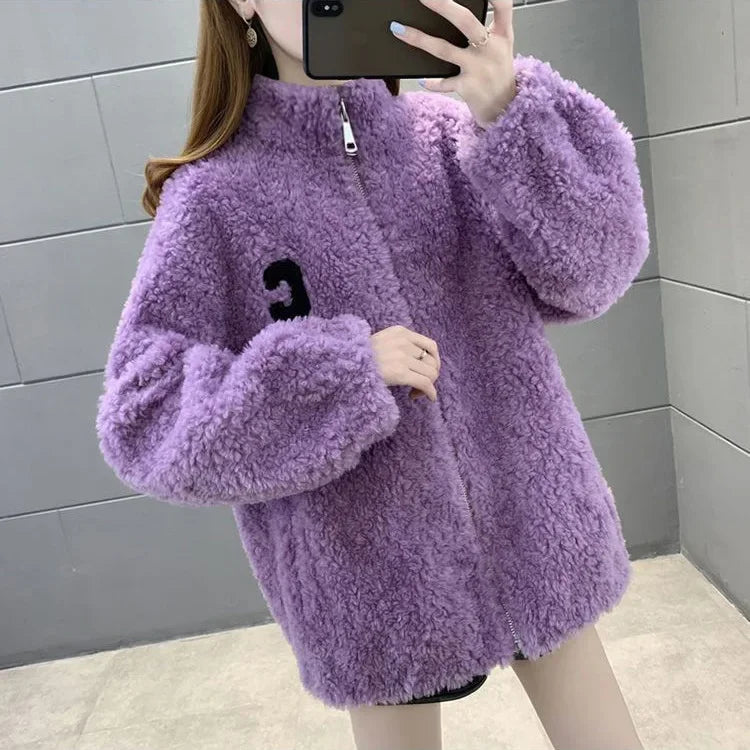 Trendy Winter Fleece-lined Thickened Double-sided Fleece Jacket For Women Warm Sweatshirt Cardigan Zip-up Down Coat