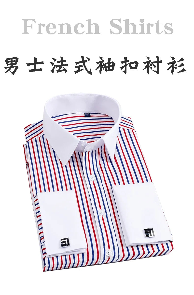 Men's French cufflink shirt with slim fit and contrasting color collar, Windsor collar, striped formal long sleeved shir