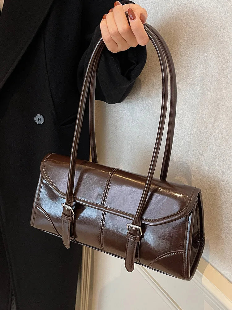 High End Burgundy Oil Wax Leather Underarm Bag Elegant Women's Magnetic Buckle Shoulder Bag Commuter Versatile Ladies Tote Bags