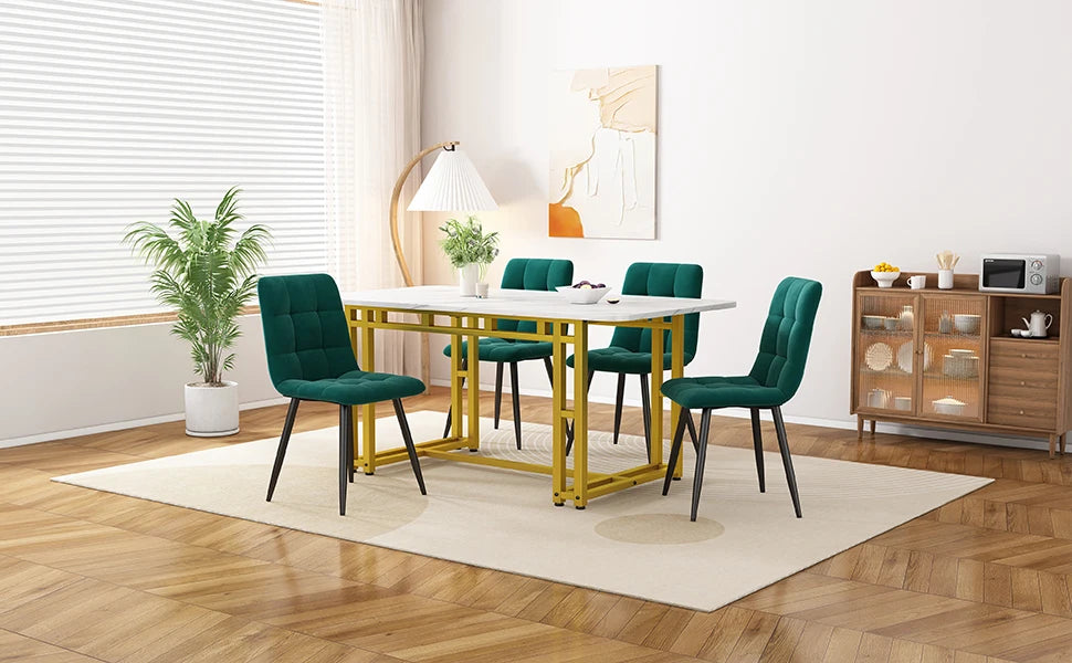 VSOGA 120x70cm Gold Dining Table with 4 Chairs Set Modern kitchen Dining Table Set Dark Green Velvet Dining Chairs Gold Iron Leg table