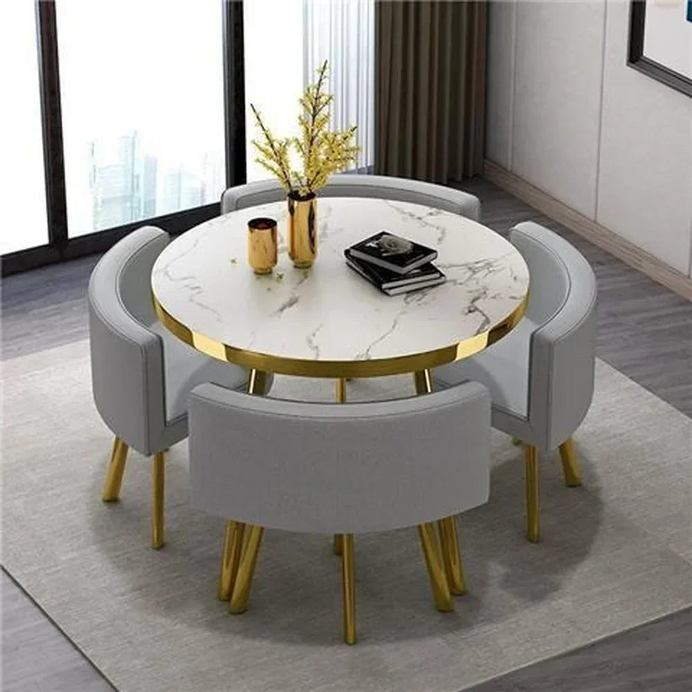 Marble Round 80cm Dining Tables Set 4 Chairs Modern Center Wood Table Luxury White Apartment Furniture