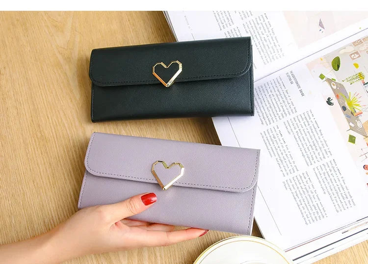 2024 Women Tri-Fold Wallet Metal Heart Pattern Girls Money Pocket Card Holder Luxury Designer Phone Clutch Fashion Card Holder