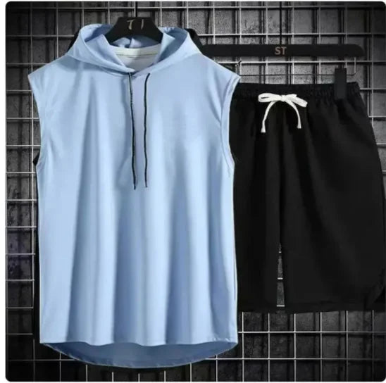 Men's oversized tracksuit, sleeveless hooded T-shirt, shorts, sports vest, two-piece suit, gym sweatpants, new for summer