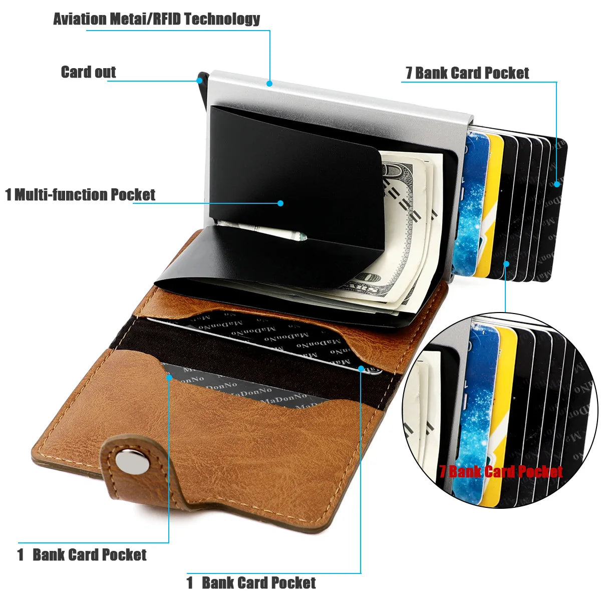 RFID Blocking Credit Card Holder Stainless Steel NFC Anti Scan Business Wallet Genuine PU Leather Purse Money Bag For Men Women