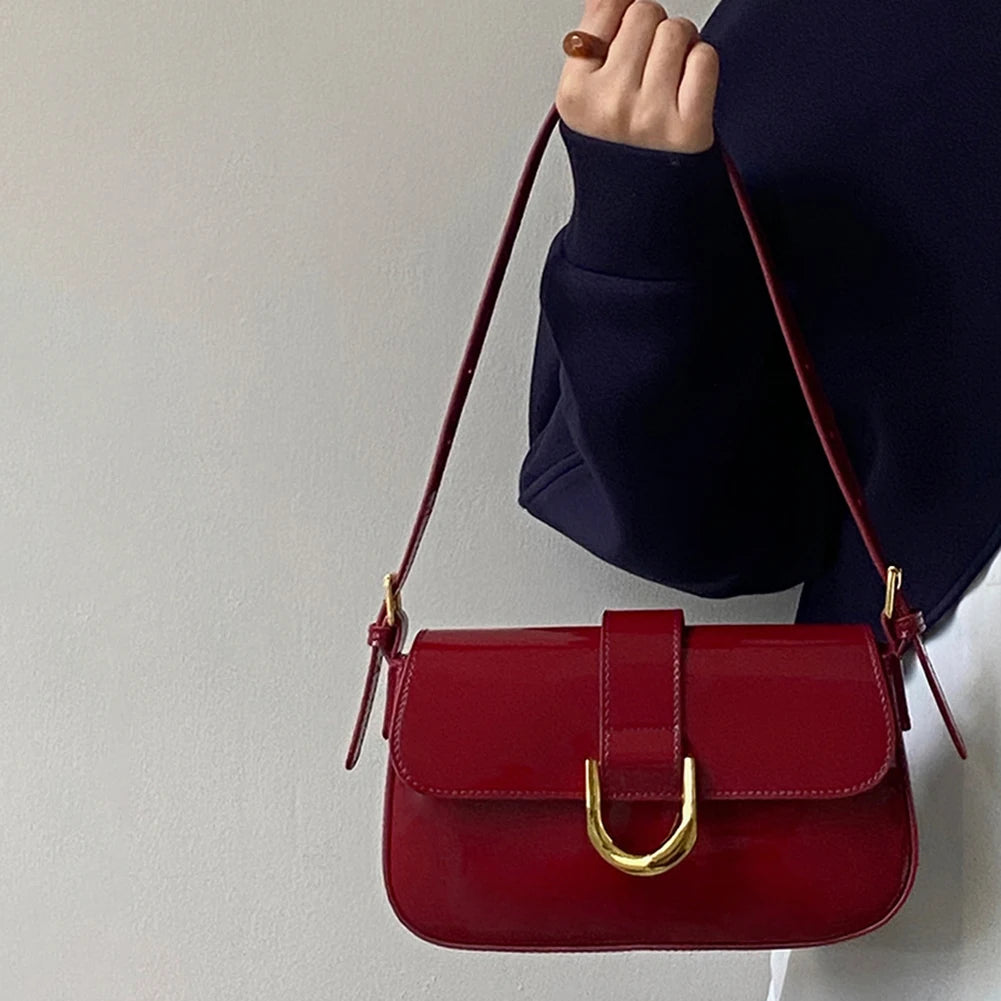 Retro Patent Leather Shoulder Bag For Women Luxury Flap Crossbody Bag Solid Color Underarm Bag Red Crossbody Bag Lady Handbag