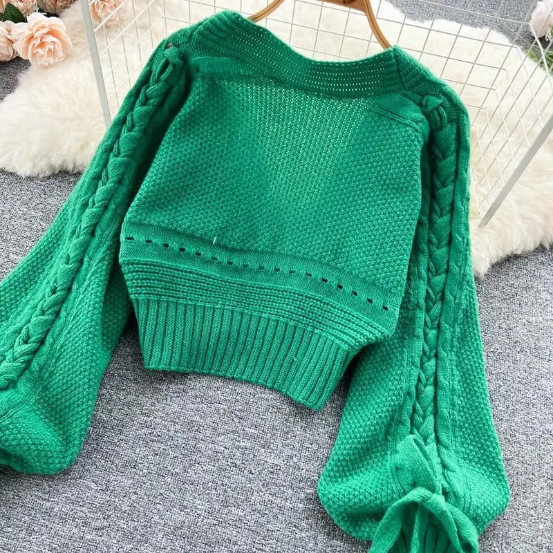 Green Casual Acrylic Knit V-Neck Lantern Long Sleeve Lace Up Women's Cardigan Sweater Short Cardigan For Women Clothing 2024